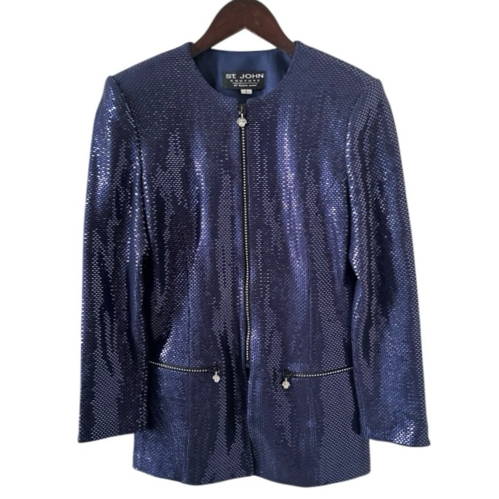 St. John Couture Dark Blue Paillette and Crystal 3/4 Sleeve Knit Jacket Size 2